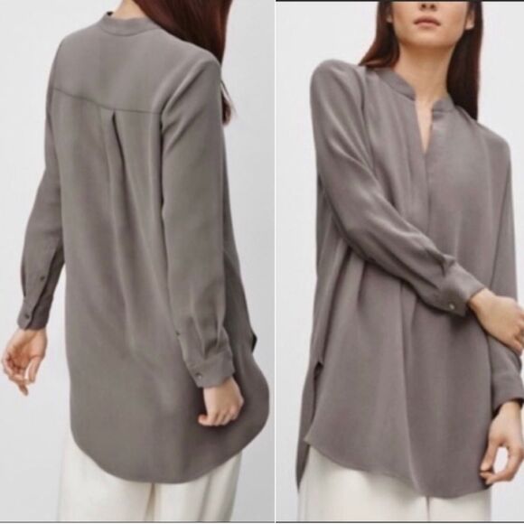 ARITZIA Babaton taupe brown Peverell 100 % silk long sleeve V-neck tunic blouse - Picture 14 of 14